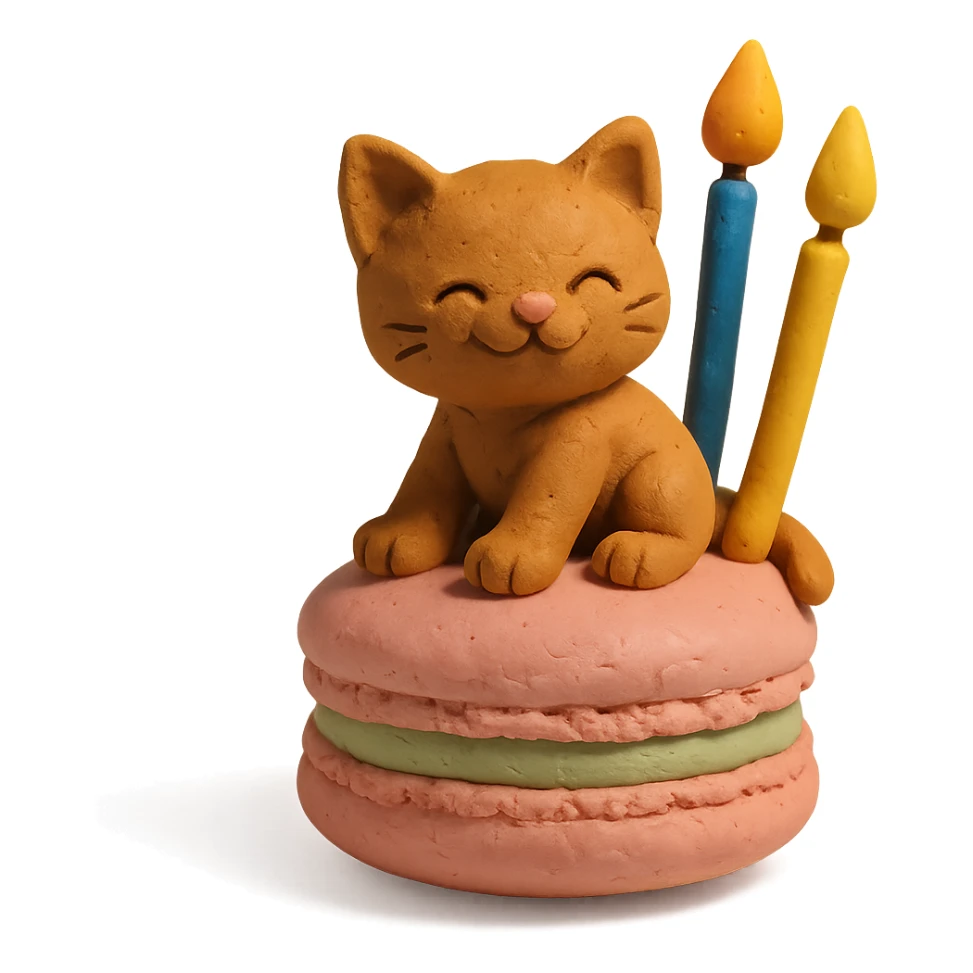 kitten riding giant macaron with candles, claymation style sticker
