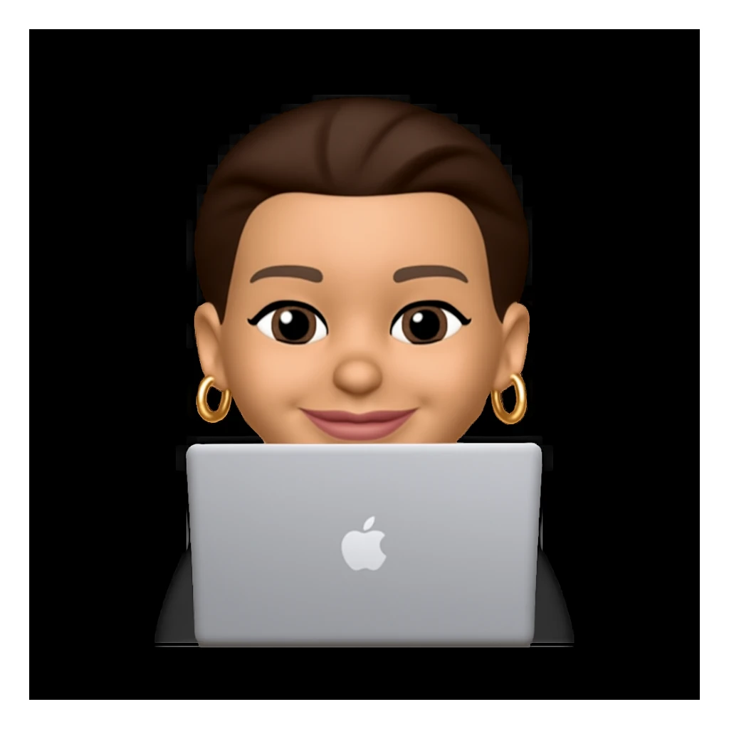 add gold earring rings to her ears, keep her lips visible and smiling, same style as the original image sticker