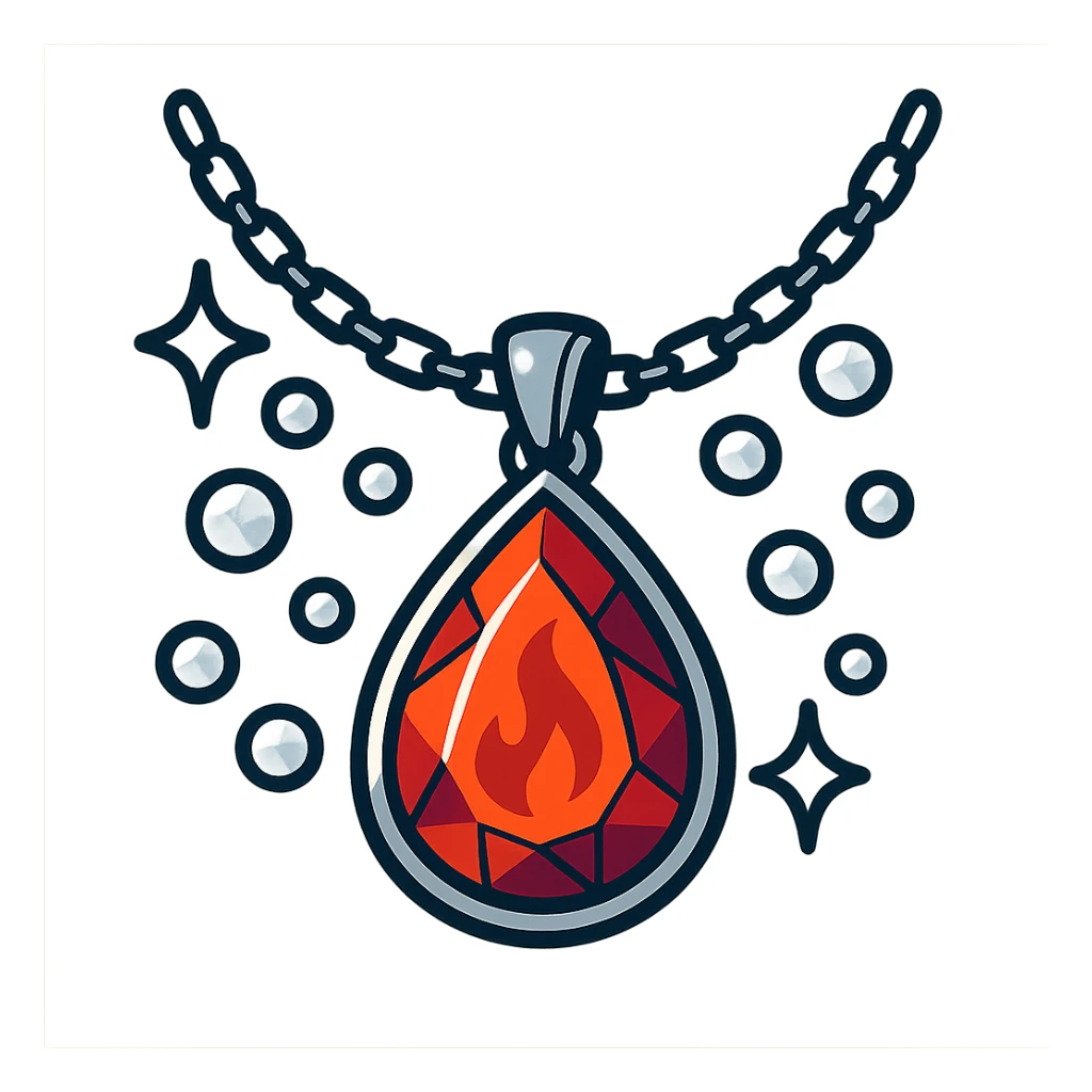 A fiery red teardrop ruby pendant suspended in a delicate silver chain, surrounded by glistening white stones sticker