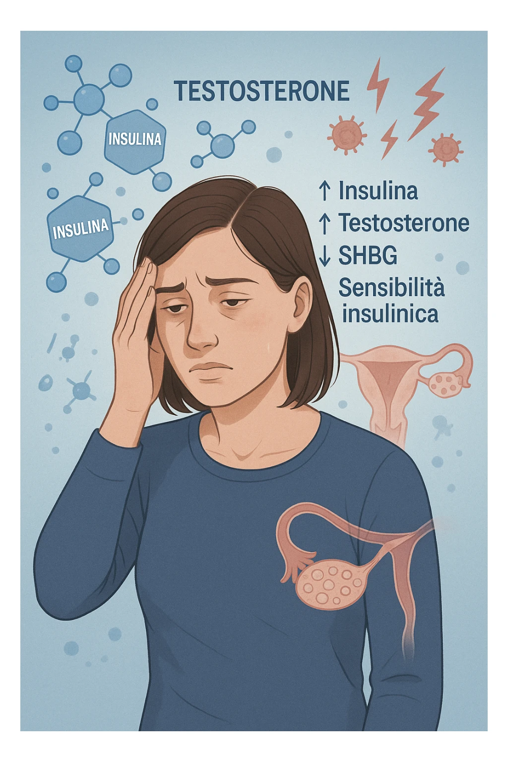 Donna tra i 25 e i 35 anni in primo piano, con espressione affaticata. Intorno al suo corpo appaiono in modo stilizzato e simbolico squilibri ormonali: molecole di insulina in eccesso fluttuano attorno, androgeni (testosterone) evidenziati sopra la testa, segnali visivi di infiammazione cronica lieve. Sopra le ovaie (visibili in trasparenza) compaiono piccole cisti multiple. Accanto a lei, un diagramma stilizzato mostra: '↑ Insulina', '↑ Testosterone', '↓ SHBG', '↓ Sensibilità insulinica'. L’atmosfera è scientifica, educativa ma empatica. Stile realistico con elementi infografici fluttuanti e colori freddi ma puliti. in italiano sticker