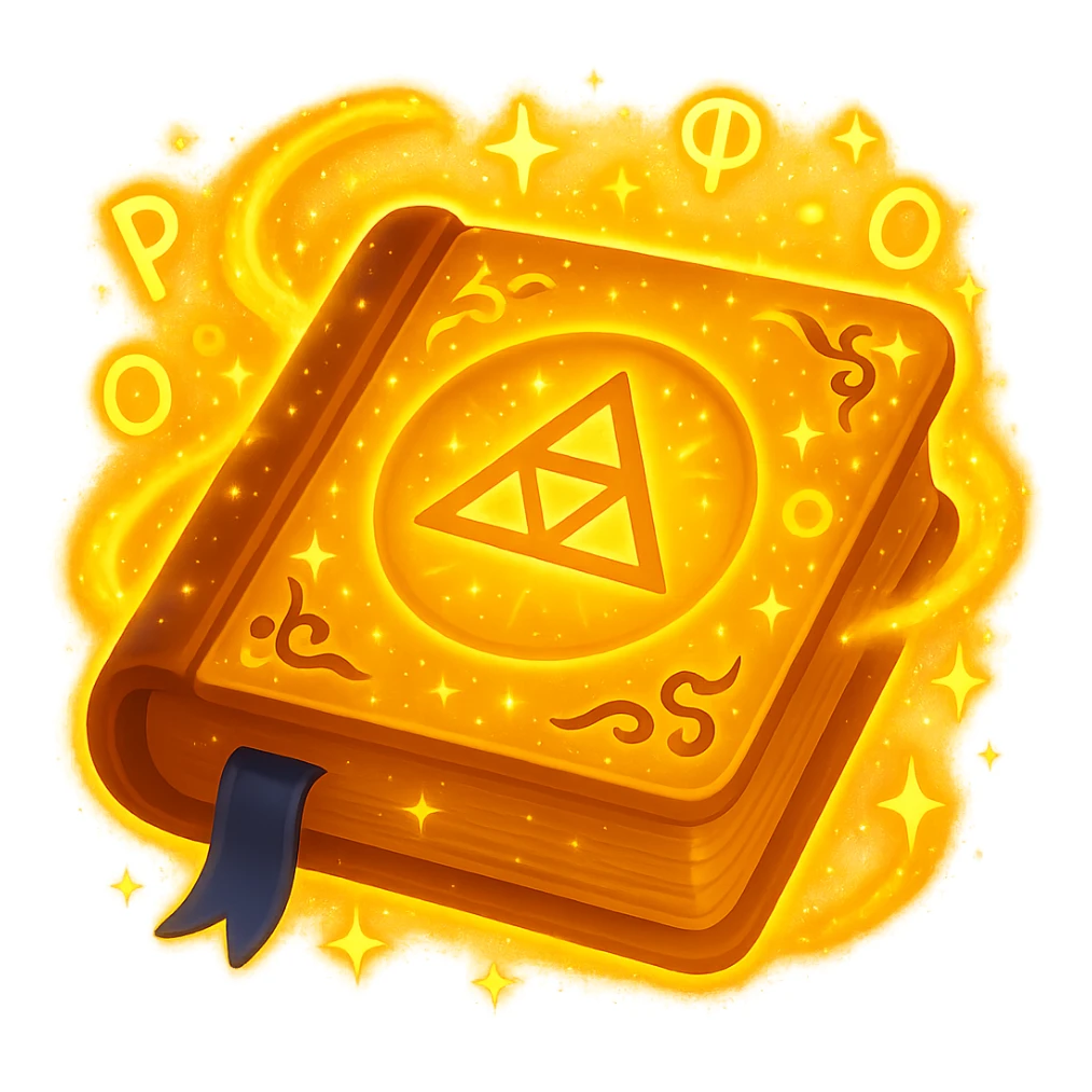 Make the mystic yellow book even more magical with sparkling magical energy, enchanted symbols, glowing effects, and a whimsical magical aura. Style it to resemble an apple emoji style. Keep no background. sticker