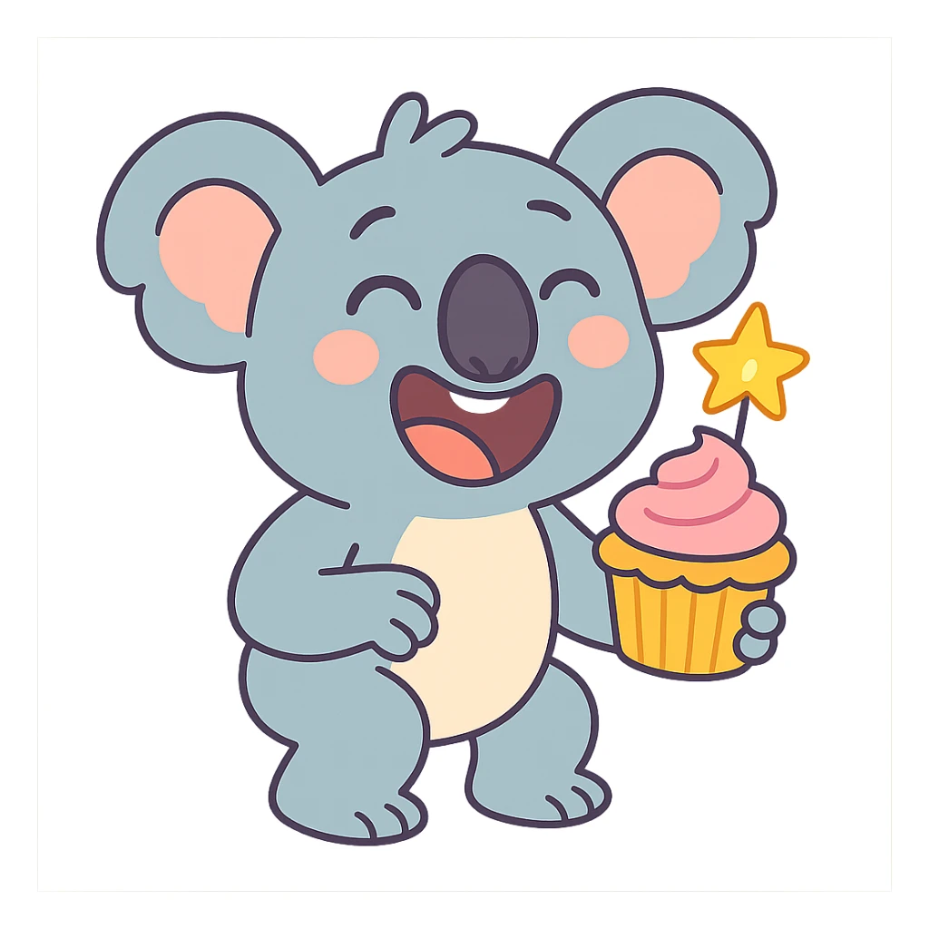 laughing koala holding cupcake with star candle, pastel-toon style sticker