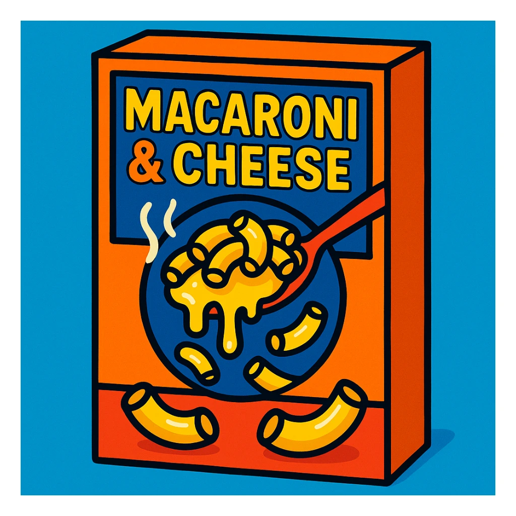 a box of macaroni and cheese, bright packaging, noodles and cheese visible, fun and appetizing sticker