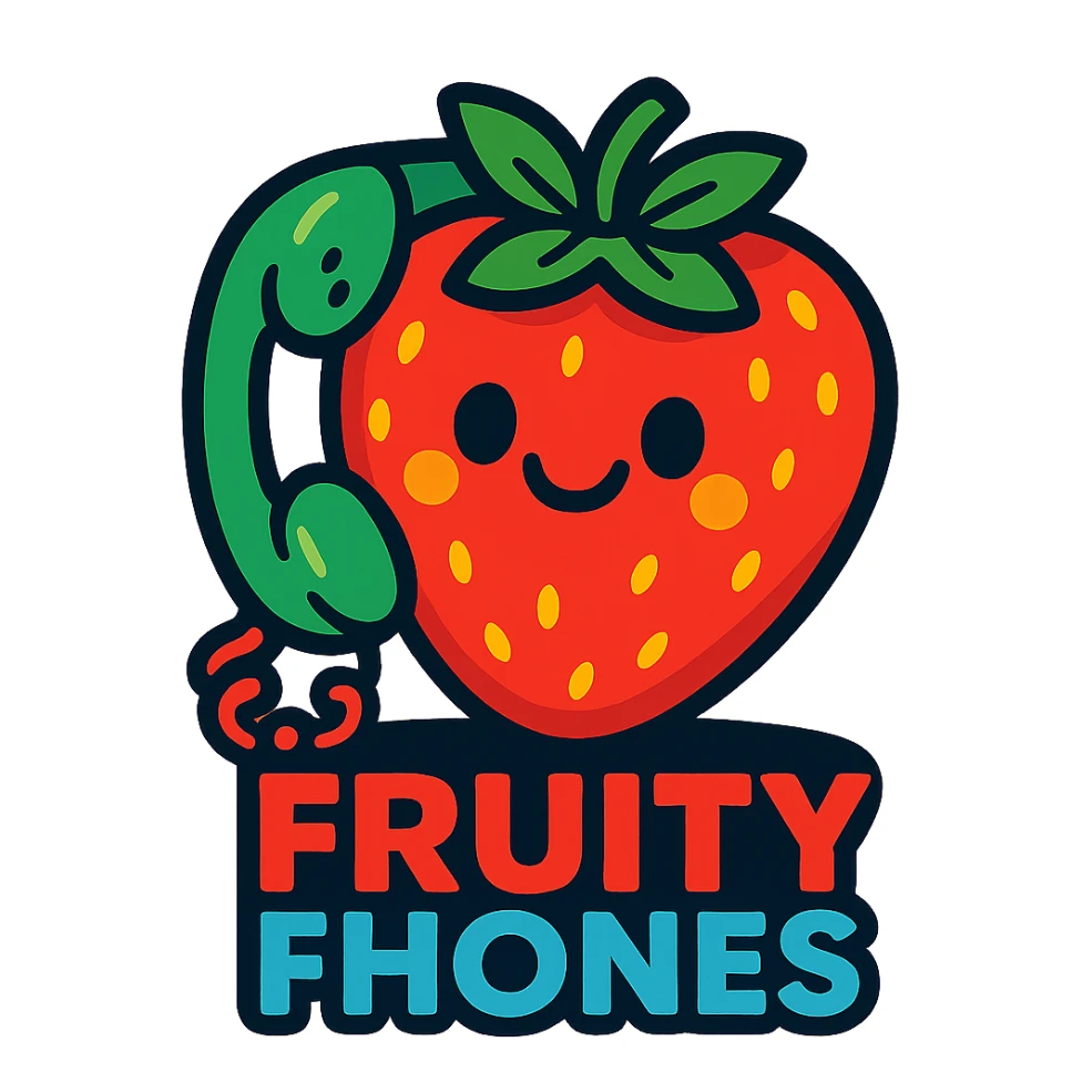 Fruity Fhones logo, a phone shaped as a strawberry, bright and friendly, for children's first phone brand sticker