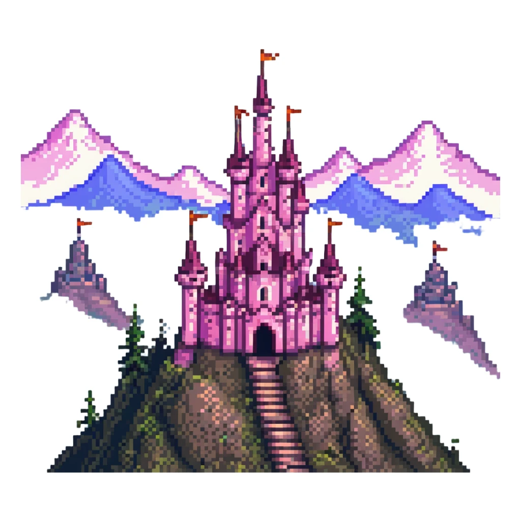 charming pink castle with towers on a mountain peak, pixel art, adorable and intricate, bright and cheerful, fantasy setting sticker