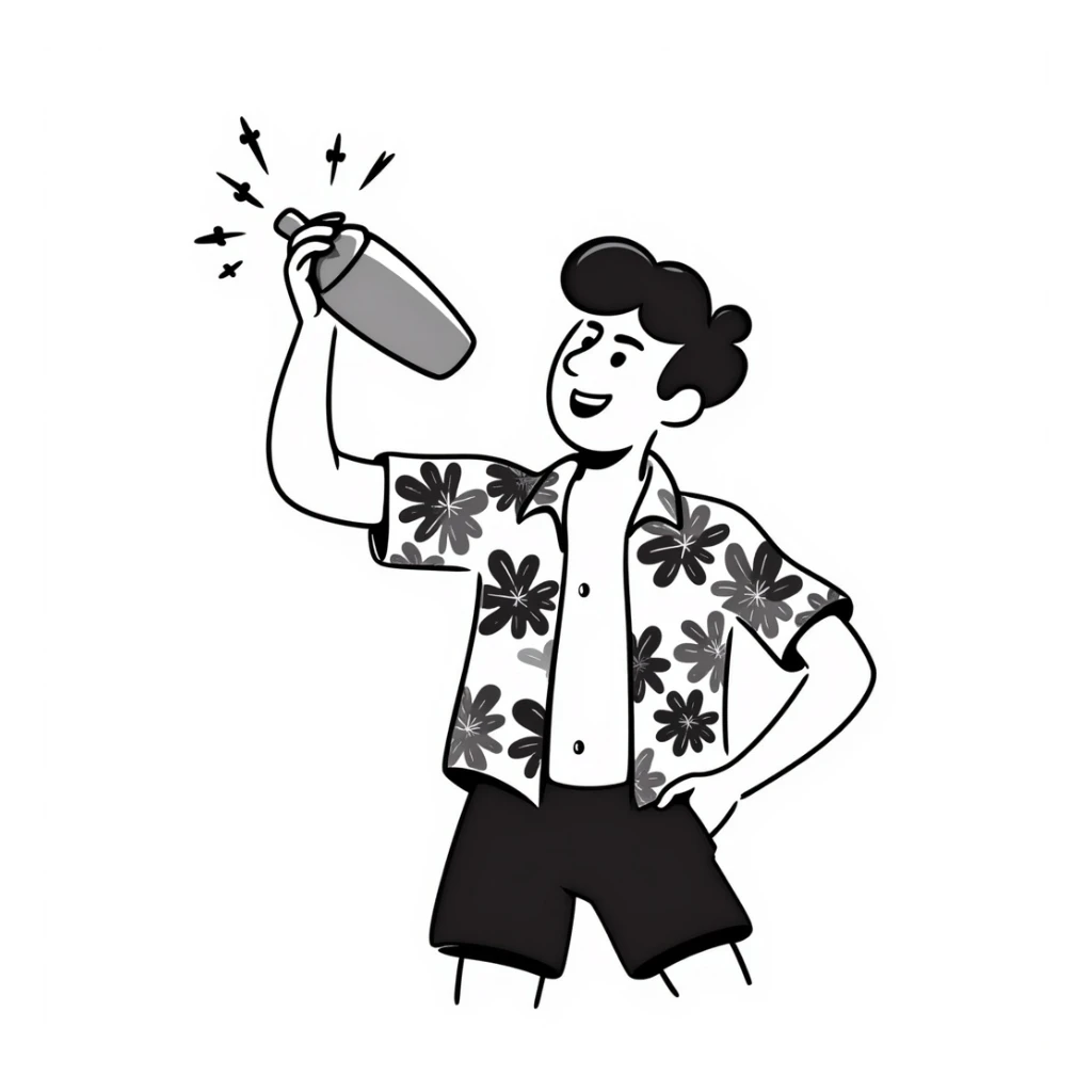 human male Unbuttoned Hawaiian shirt, swim trunks, shaking a cocktail shaker (sparks flying) sticker