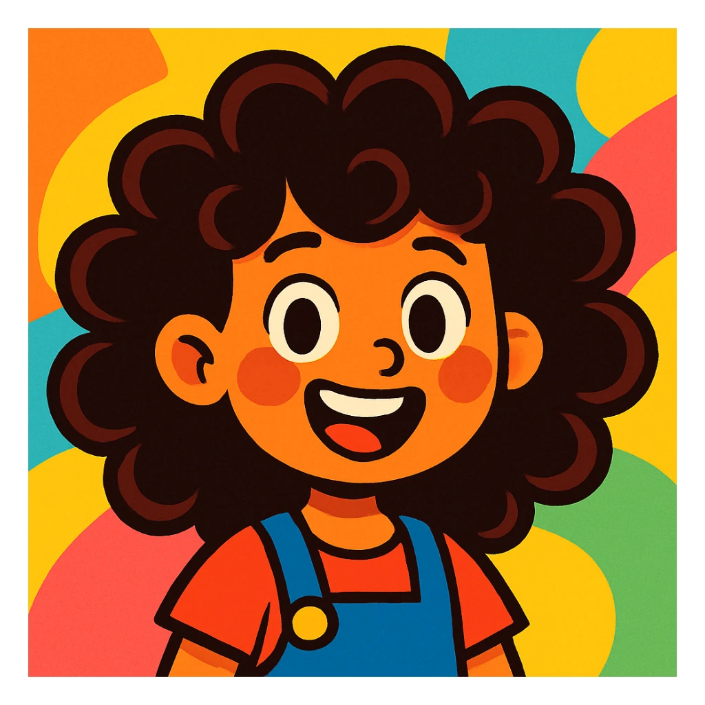 curly hair girl, vibrant cartoon style, cheerful expression sticker