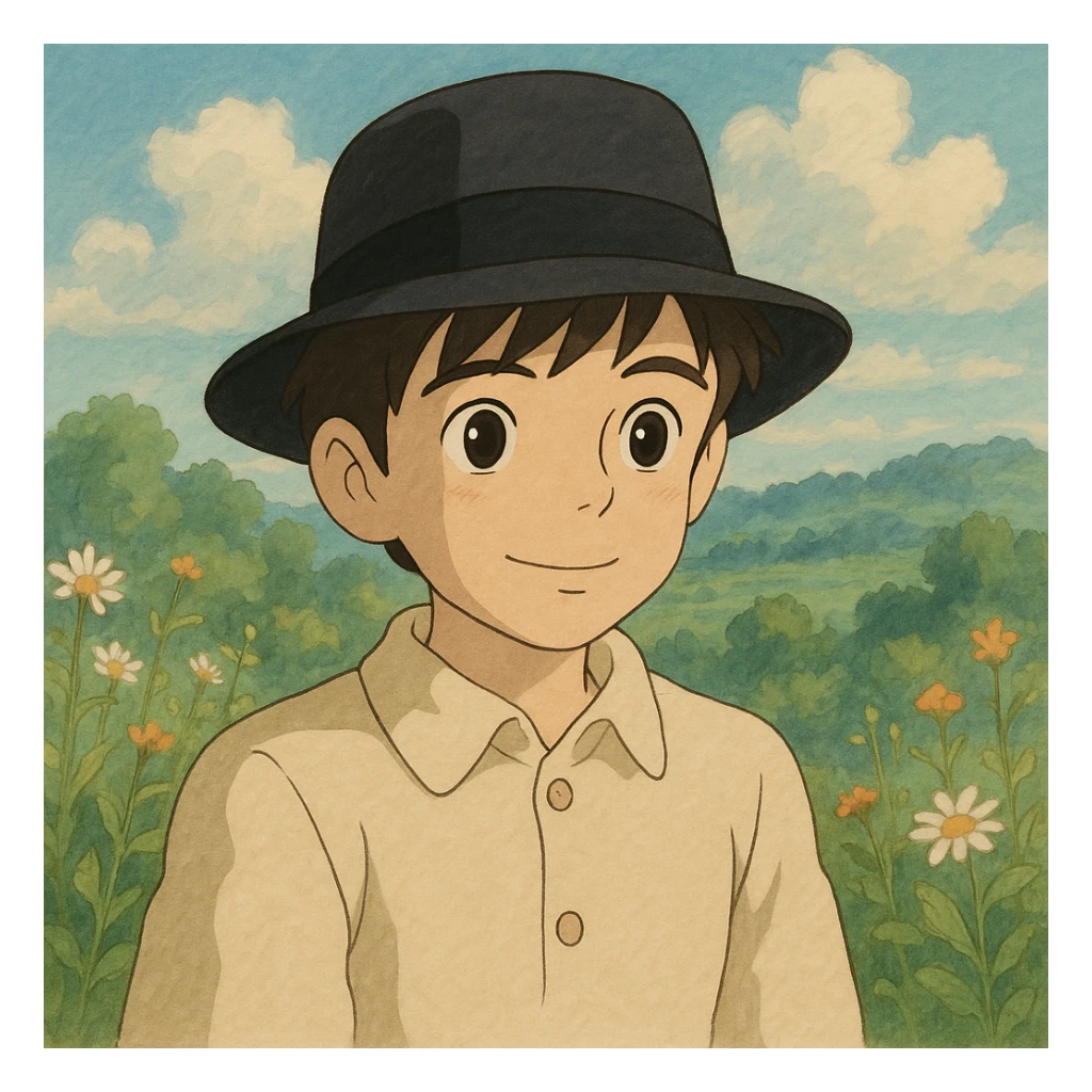 boy wearing a classic black fedora, gentle expression, soft colors, Ghibli style sticker