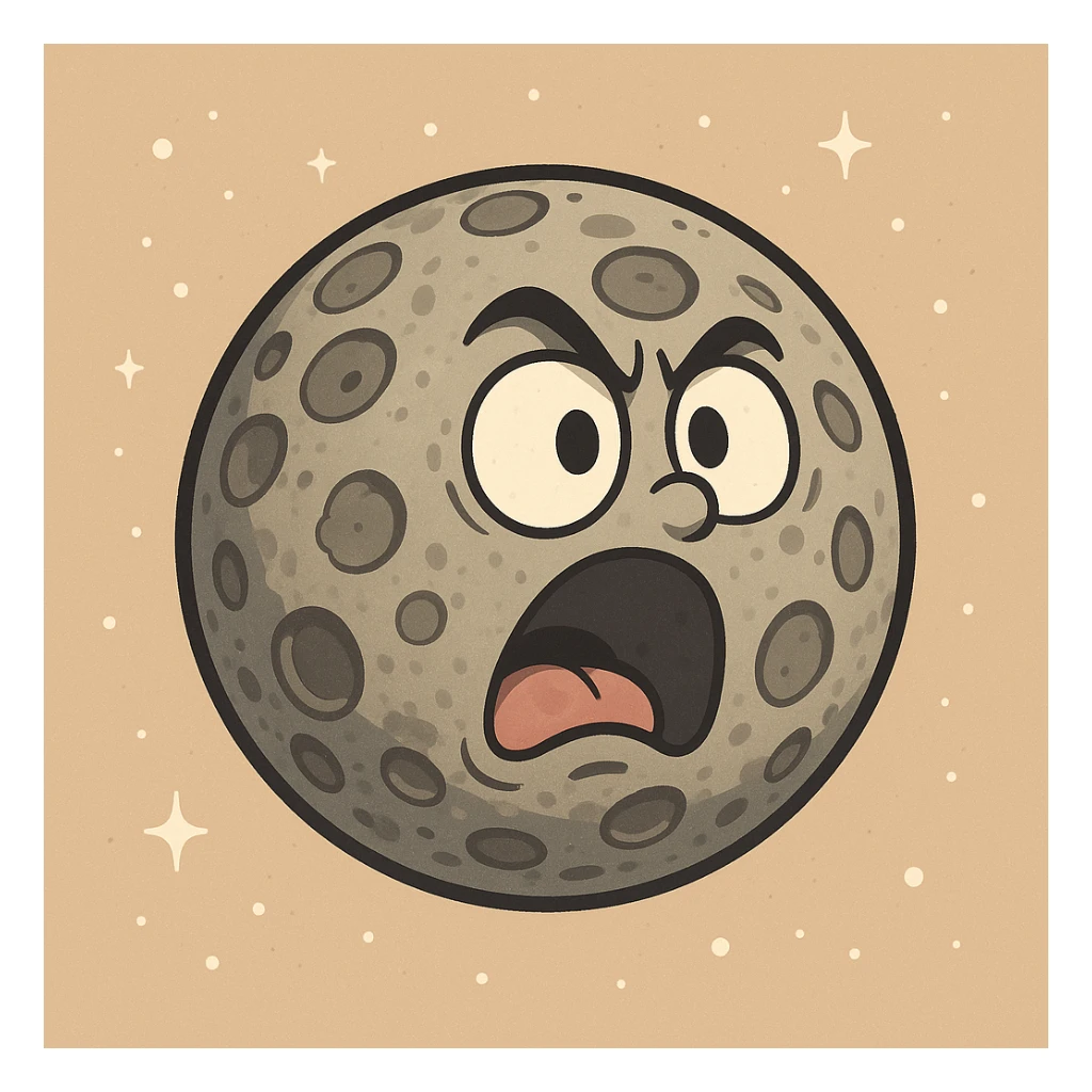 planet Mercury, round, rocky gray ball, covered in pitted marks and rough patches, cartoon style, exaggerated craters, simple background sticker