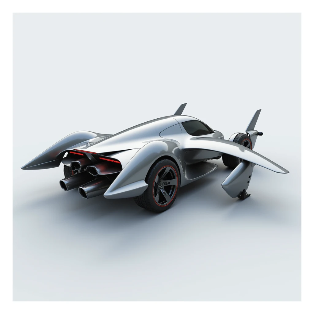 rear angle view of a highly aerodynamic, streamlined flying car with a metallic photorealistic finish, two wings on top, two on the sides, propellers on all wings, visible wheels, smooth flowing design, inspired by high-speed electric vehicles and aircraft sticker