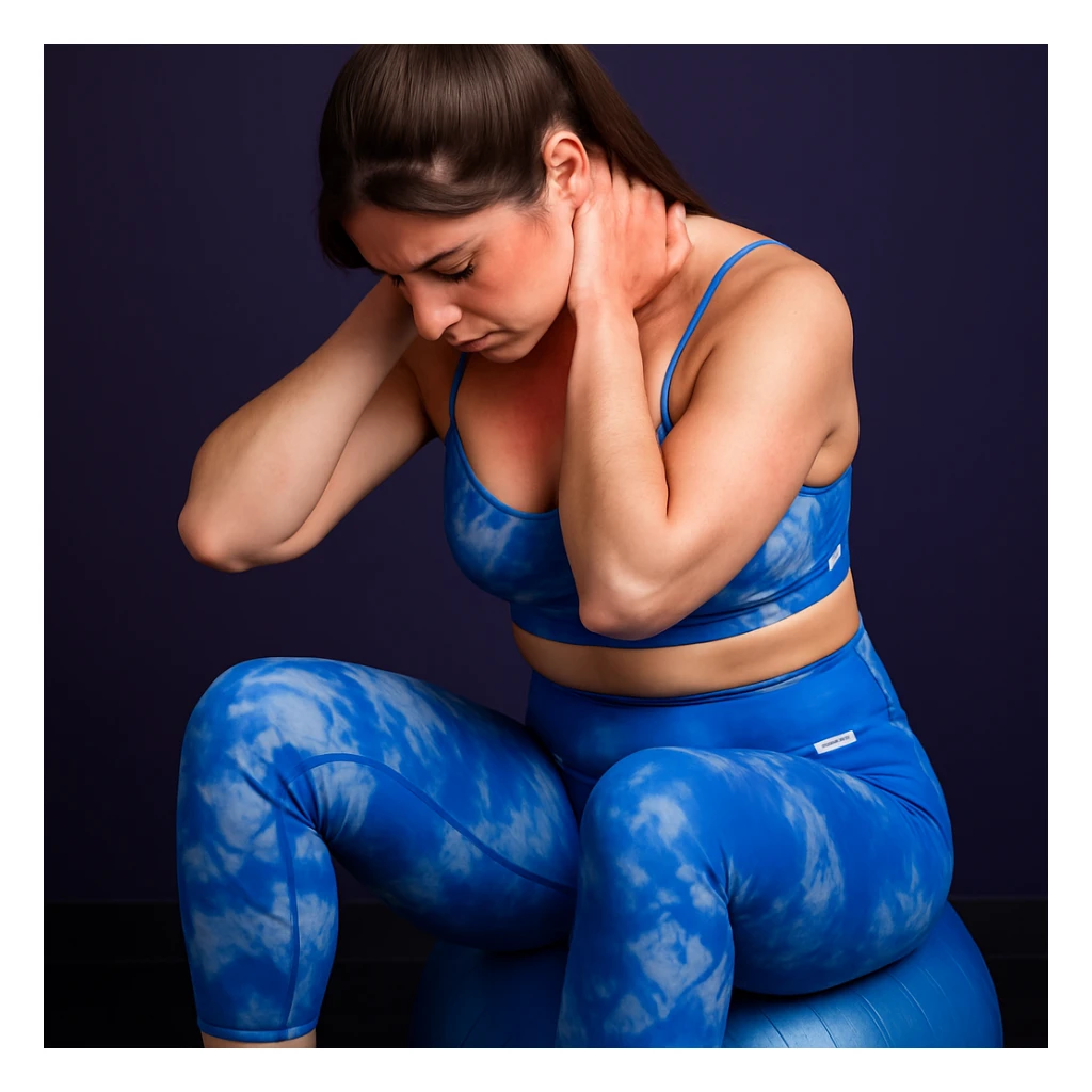 A slender woman in 4K, sitting on an exercise ball, head bent forward, hands gripping the reddened nape, eyes closed in pain, inspired by the reference photo. sticker