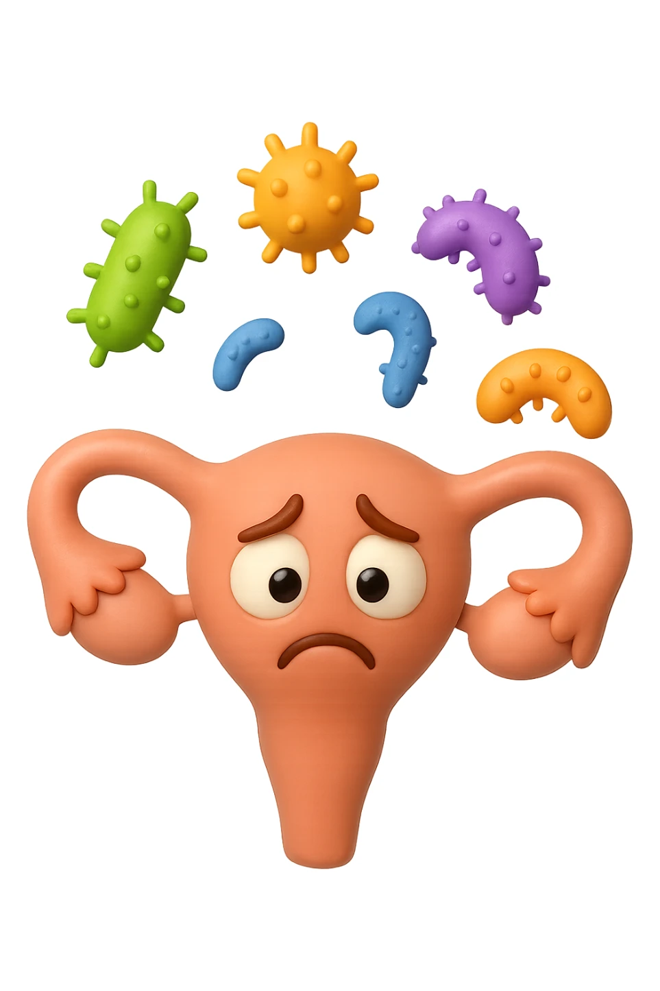 EMOJI STILE IPHONE 3D DI UTERO 3D CON ESPRESSIONE TRISTE  IN VOLTO MENTRE SOPRA LUI FLUTTUANO BATTERI, FAGLI ANCHE LA PARTE BIANCA DEGLI OCCHI, NON SOLO LA PUPILLA sticker