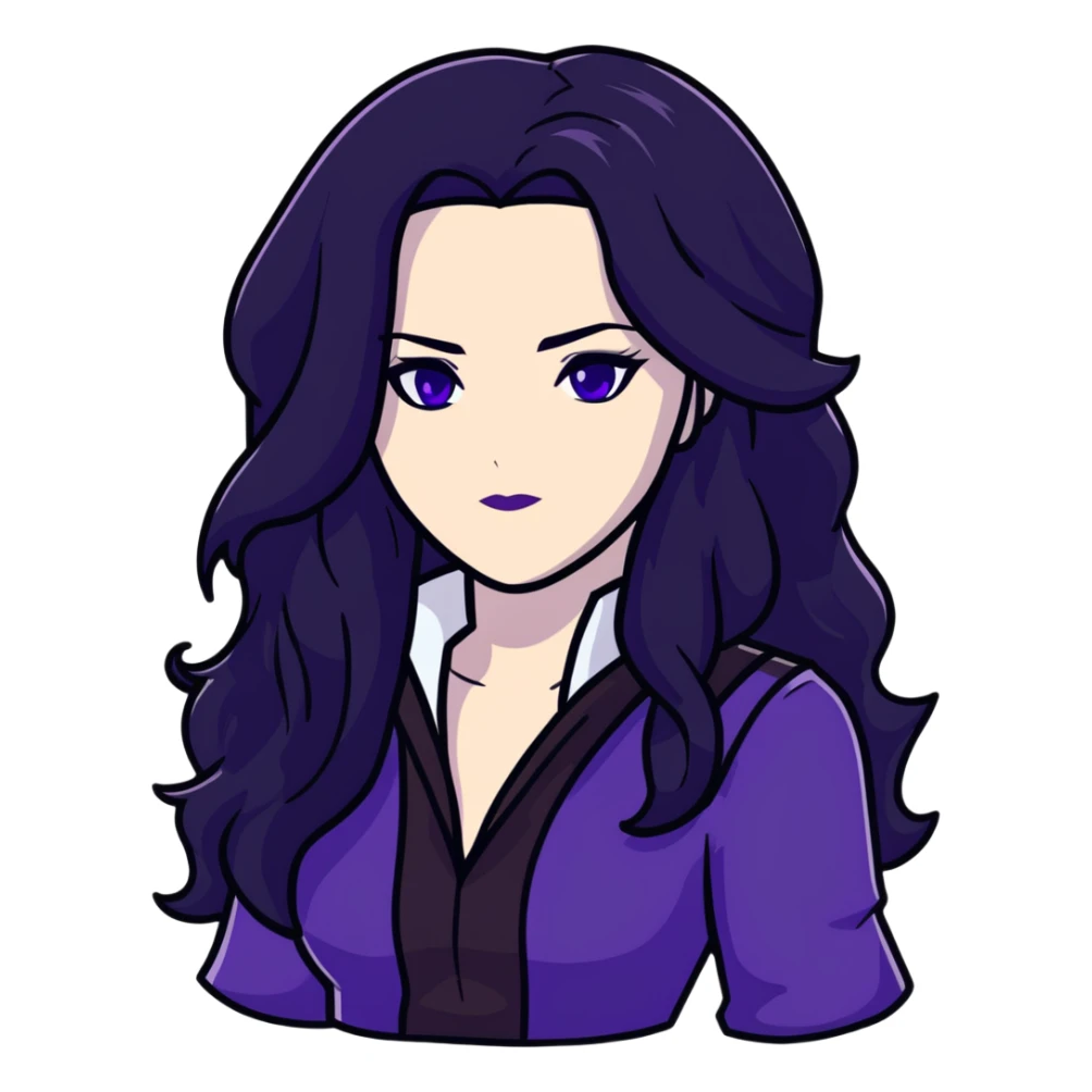 Yennefer from Witcher with long black hair, violet eyes, pale skin, wearing black clothes sticker