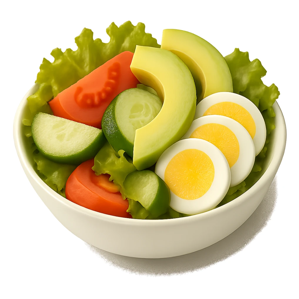 Add sliced boiled egg to the salad, keeping the style clean and simple with no background. sticker