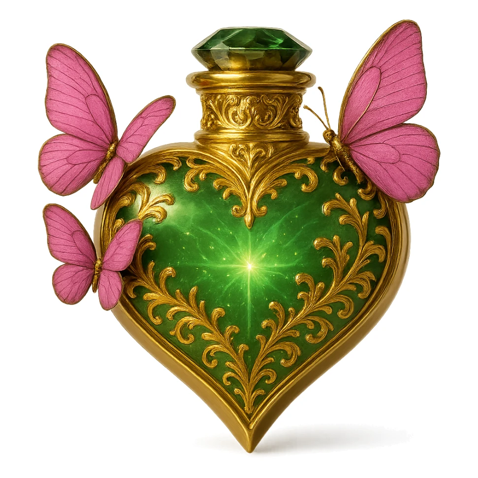 Create a one-to-one heart-shaped bottle as in the example, with the main color green and gold details. Add a bright crystalline effect inside the bottle. Keep the pink butterflies as shown. Remove the background. sticker