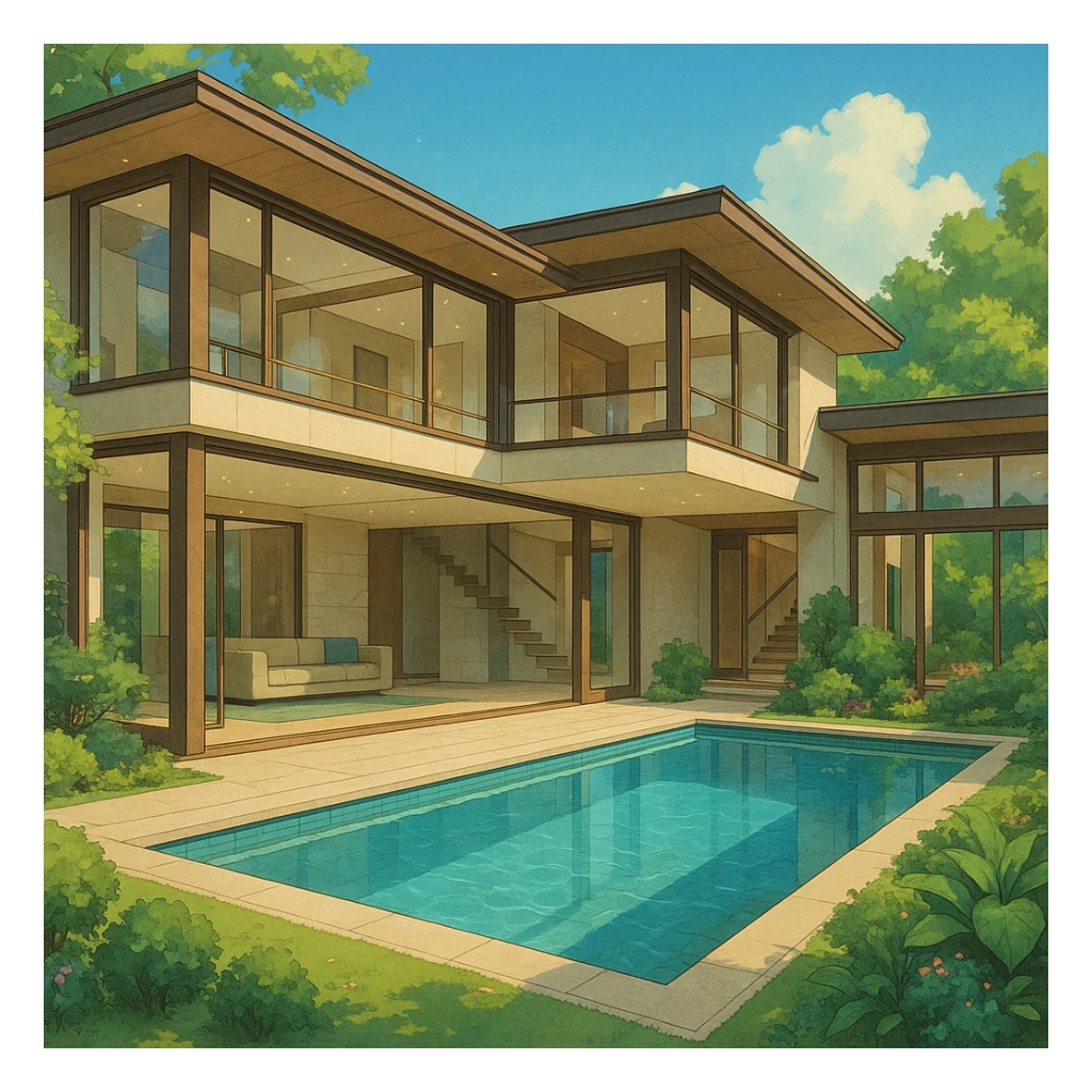 stunning luxury home with large windows and an indoor pool, elegant modern architecture, lush landscaping, ghibli style sticker