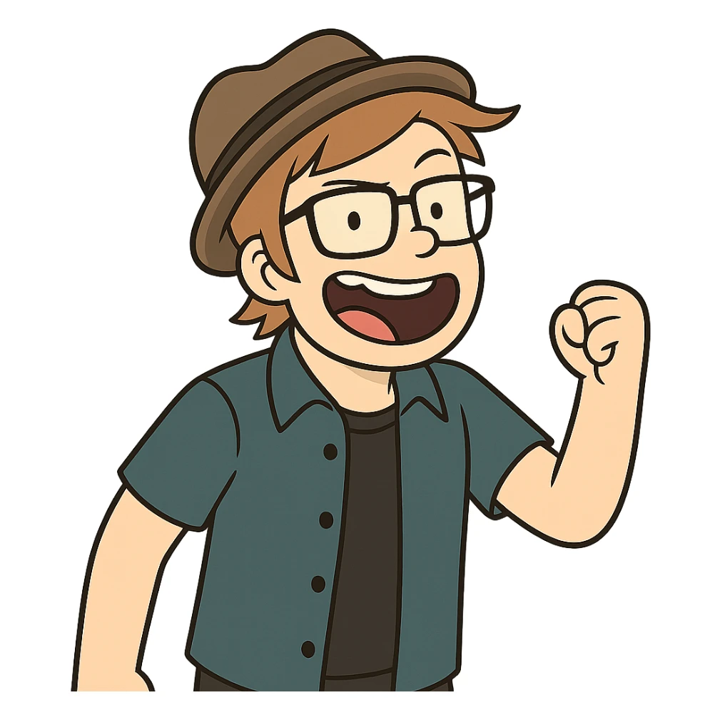 Patrick Stump from Fall Out Boy, cartoon style, signature hat, glasses, energetic expression sticker