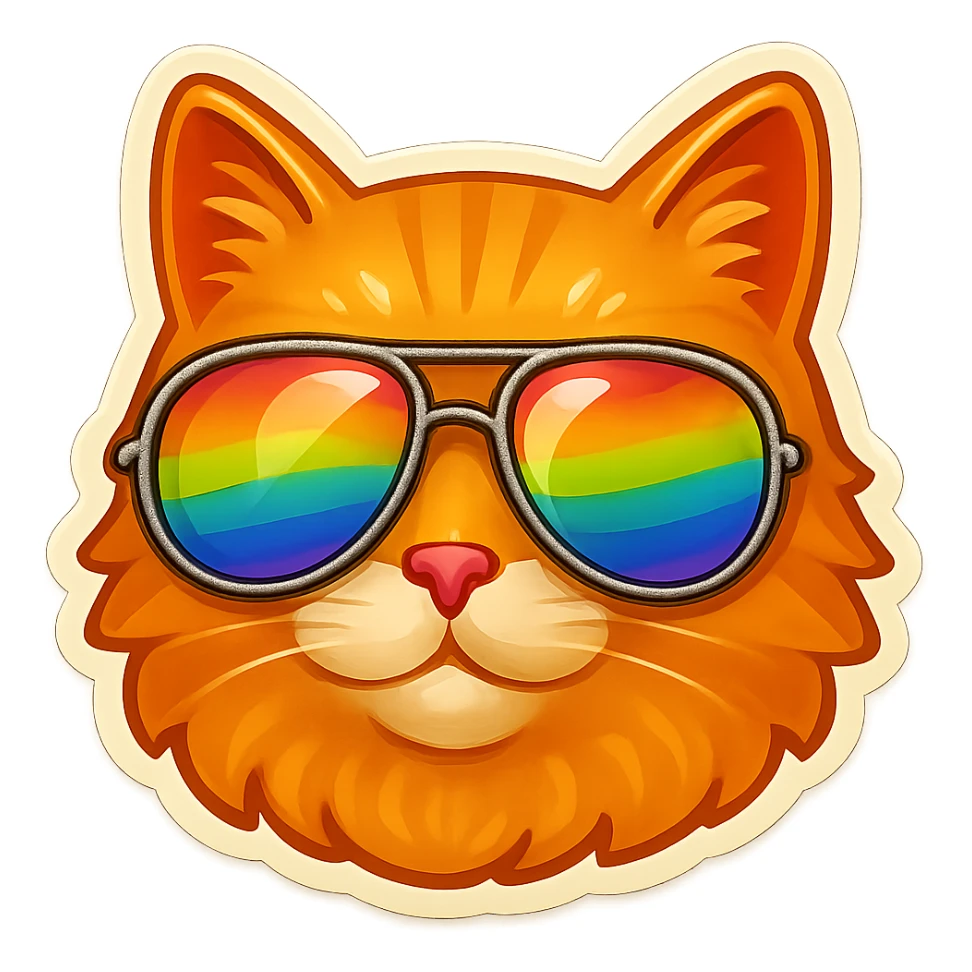 Make the sunglasses rainbow colored, keep the cat and style the same, with no background. sticker