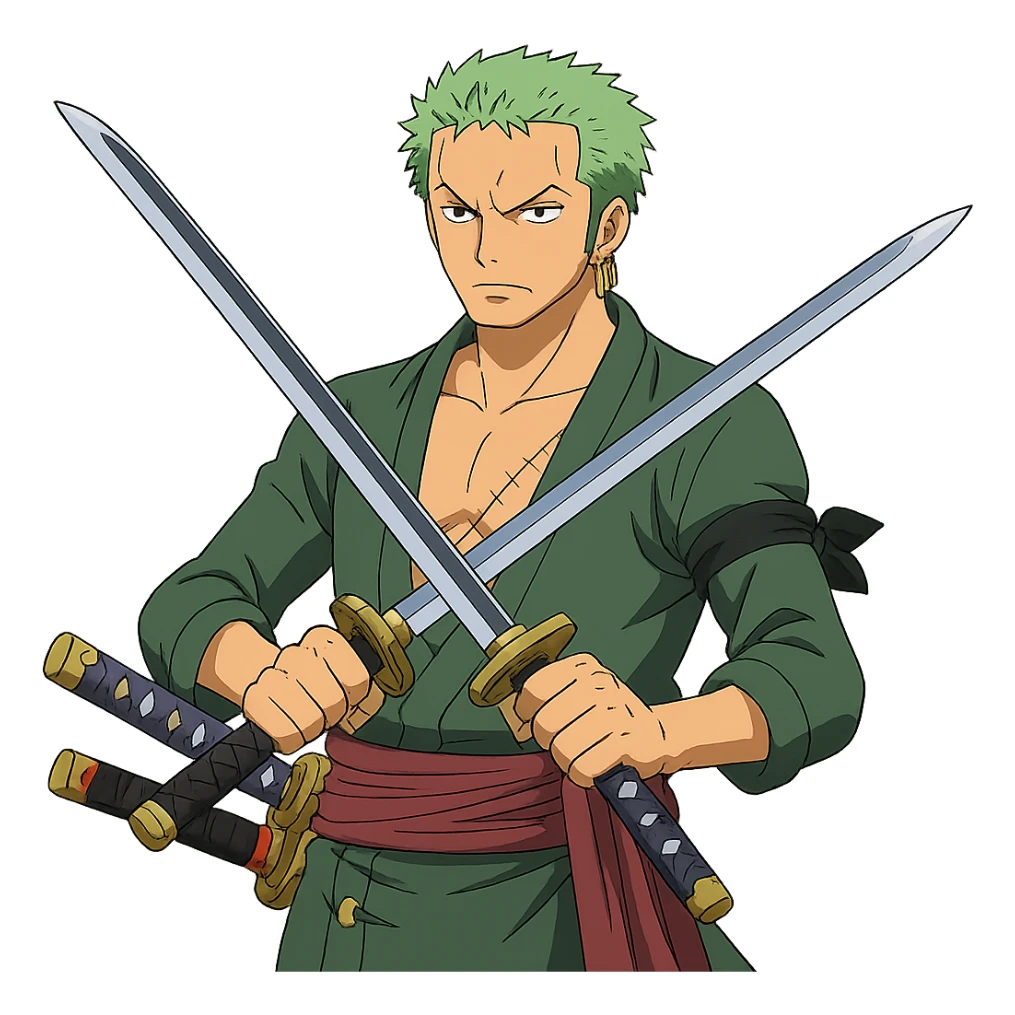 Zoro Roronoa from One Piece, anime style, holding swords, green hair, serious face sticker