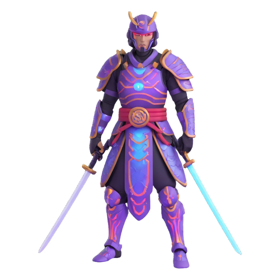 cyborg male samurai in neon cyberpunk environment with holographic armor sticker