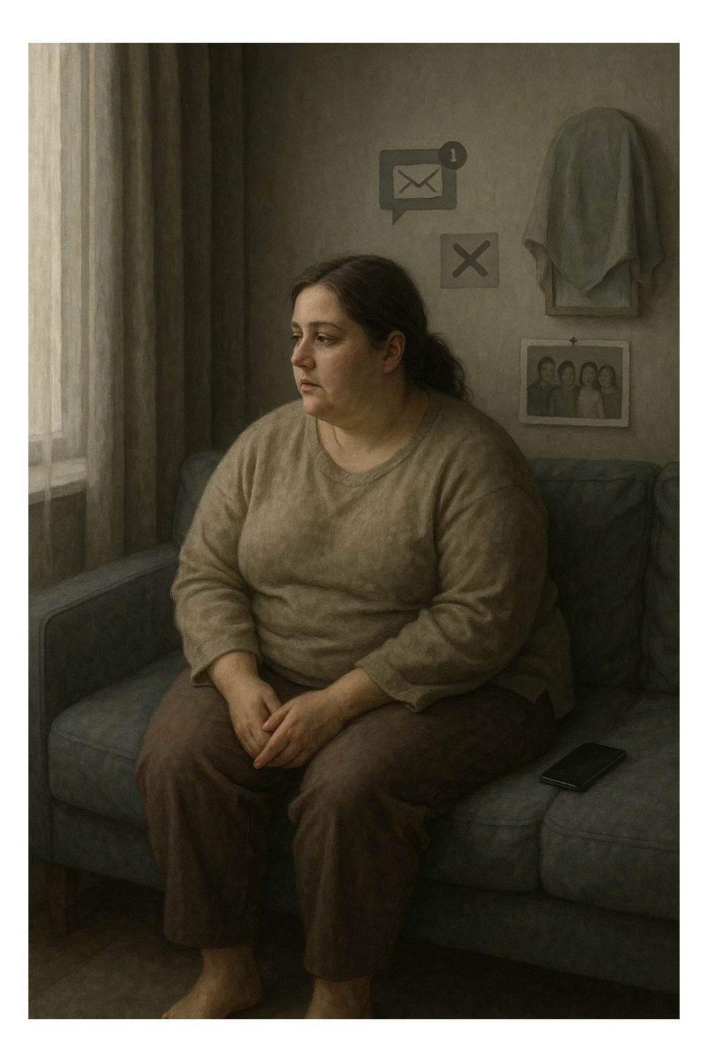 Donna tra i 30 e i 40 anni seduta sola su un divano, con espressione malinconica e corpo visibilmente appesantito. Indossa abiti larghi, avvolgenti, e guarda fuori dalla finestra mentre il telefono è spento o con notifiche ignorate accanto a lei. Sullo sfondo, si notano segnali di vita sociale assente: messaggi non letti, inviti ignorati, foto di gruppo a cui non partecipa. L’atmosfera è silenziosa, con luce grigia e ambiente spento. Intorno a lei, simboli di ritiro e insicurezza: tende chiuse, specchio coperto, postura chiusa. Stile realistico, tono delicato ed emotivo sticker