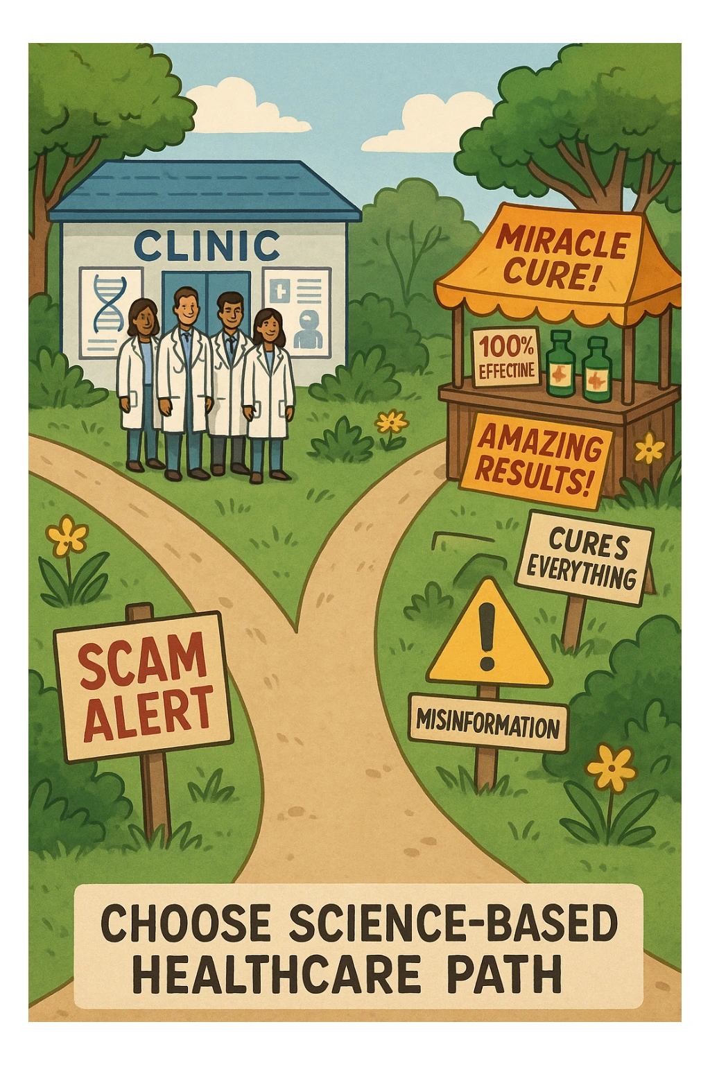 two paths diverge—one leads to a trustworthy clinic with doctors and scientific posters, the other to a shady stand selling “miracle” medicines with exaggerated claims. Signs along the second path warn of scams and misinformation. The scene encourages viewers to choose reliable, science-based healthcare. sticker
