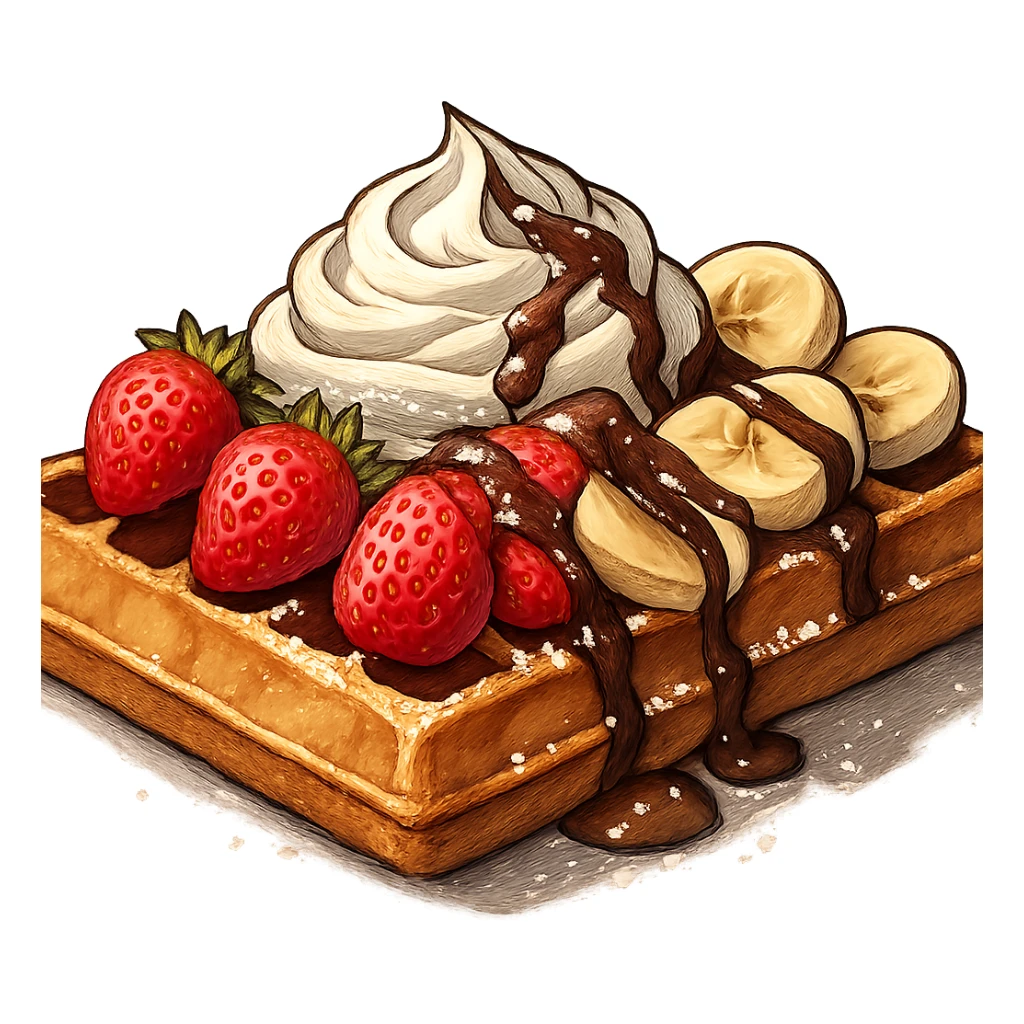 В слегка рисованном, но при этом ярком и объемном стиле с четкими линиями составь фотореалистичную композицию, где горизонтально лежит классическая брюссельская вафля с клубникой и бананом, сливочными кремом, политая шоколадом и посыпанная сахарной пудрой, профессиональный свет, подчеркивающий объем, сделай картинку более широкой, прозрачный фон sticker