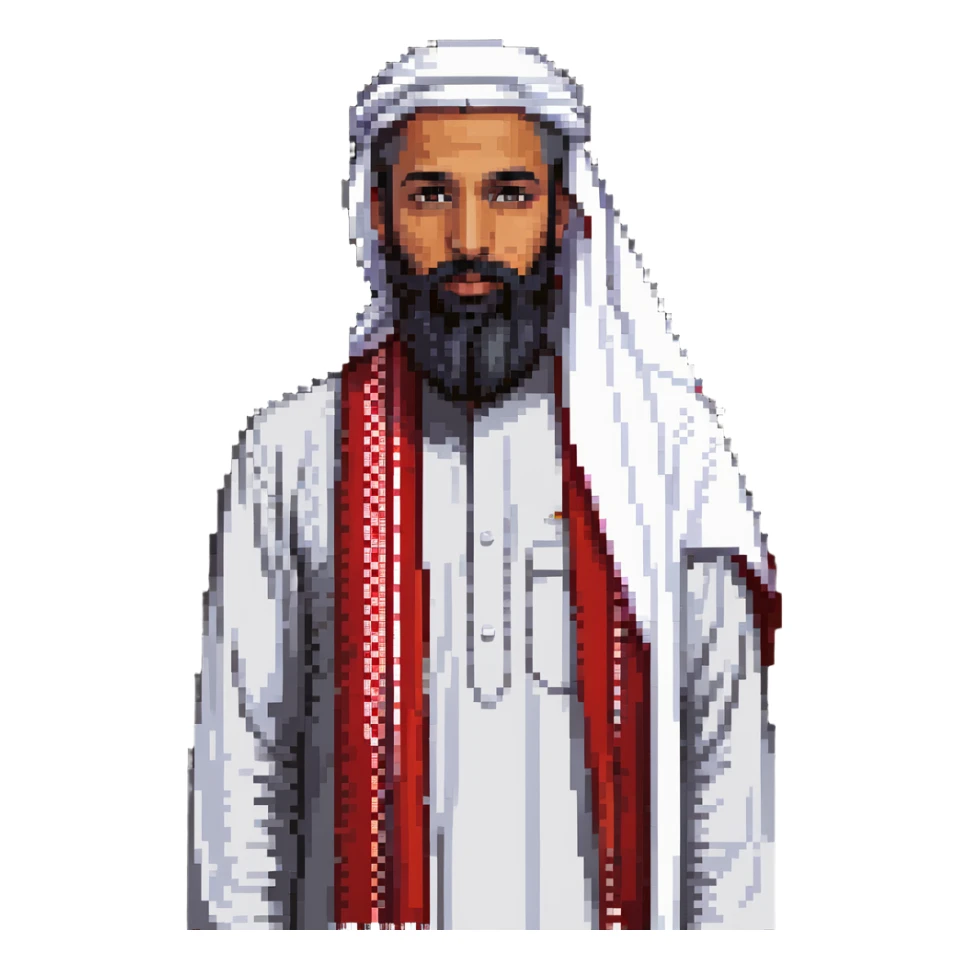 Saudi man with sharp features, wearing a white thobe and a red shemagh, wide beard sticker