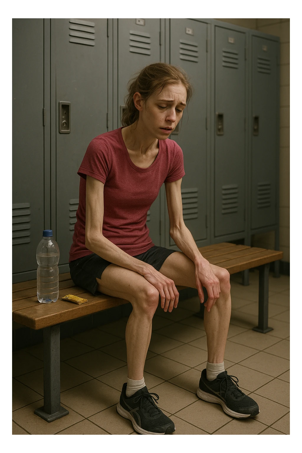 3D rendered scene: a woman in her 20s wearing running clothes sits on a bench in a locker room, looking exhausted and weak. Her face shows signs of fatigue, and her limbs appear thin and lacking muscle tone. A water bottle and a small, half-eaten snack are beside her, hinting at insufficient nutrition. The environment is realistic, with a focus on her physical and emotional state. sticker