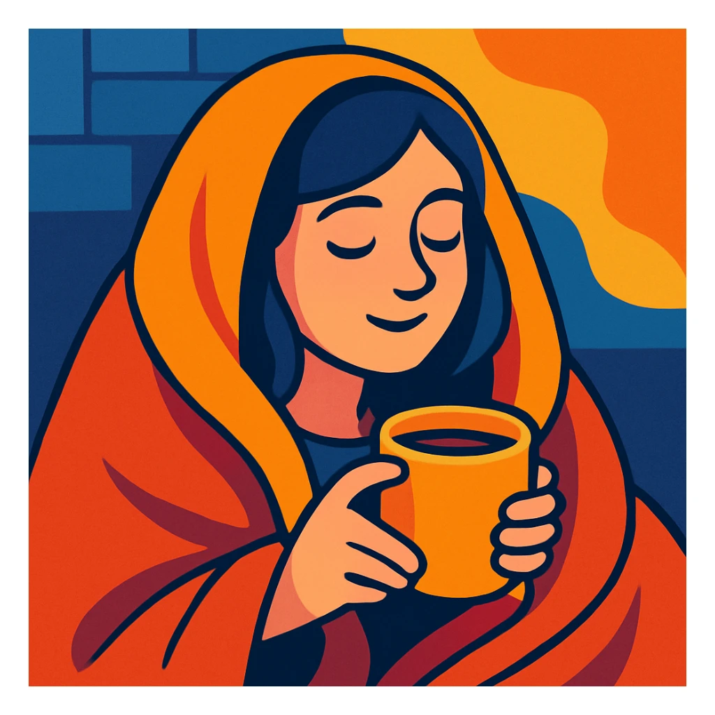 girl inside a blanket sipping coffee, eyes closed, style 8 sticker