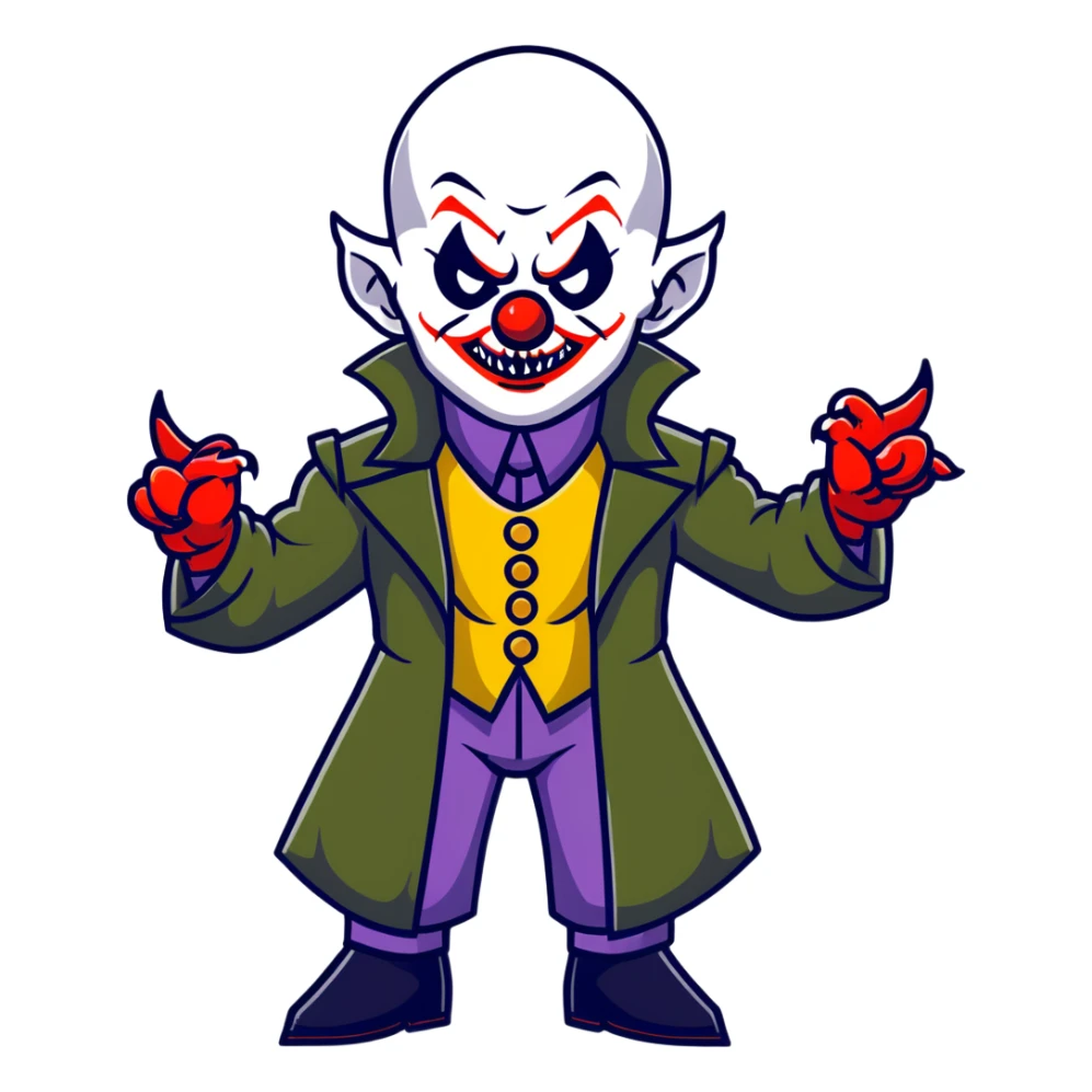 evil clown warrior, bald, small black satan-like horns on forehead, fangs, pointed ears, eye patch over one eye, long coat over black and military green leisure suit with bellbottom pants, realistically proportioned, less bulky, full body, battle-ready fighting posture sticker