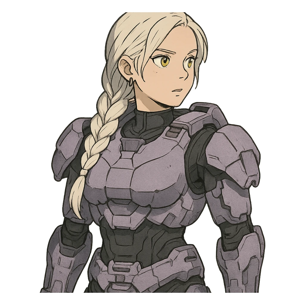 female, wearing reach spartan armor default, long white braid hair, gold yellow eyes, attention pose, halo series, no helmet, the armor is lavender color scheme, shoulder pad off. DDD bust size fitting. Punk gothic cyberpunk sticker