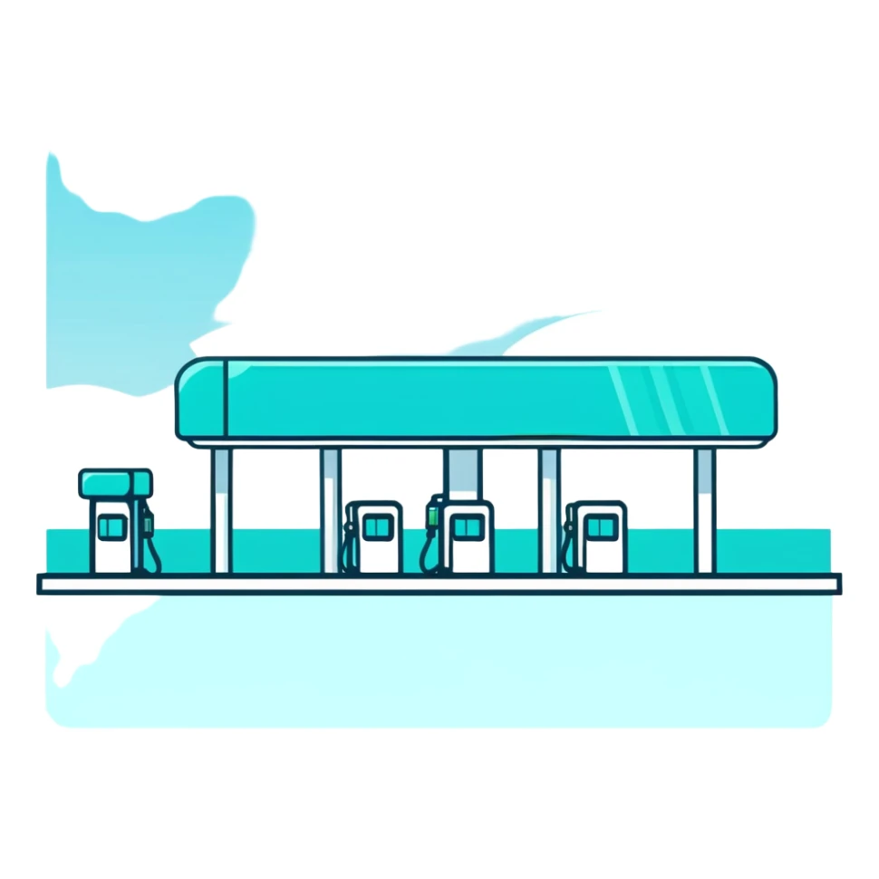 Gas station building with canopy and pump, minimalist design with soft gradients in sky blue, teal green, white, and light gray sticker