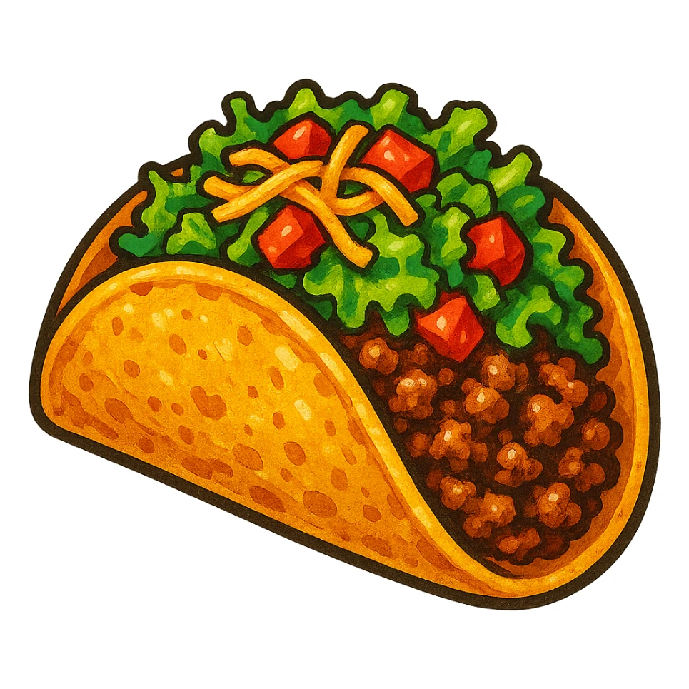 мексиканское тако, яркий, рисованный, но при этом объемный стиль, прозрачный фон sticker