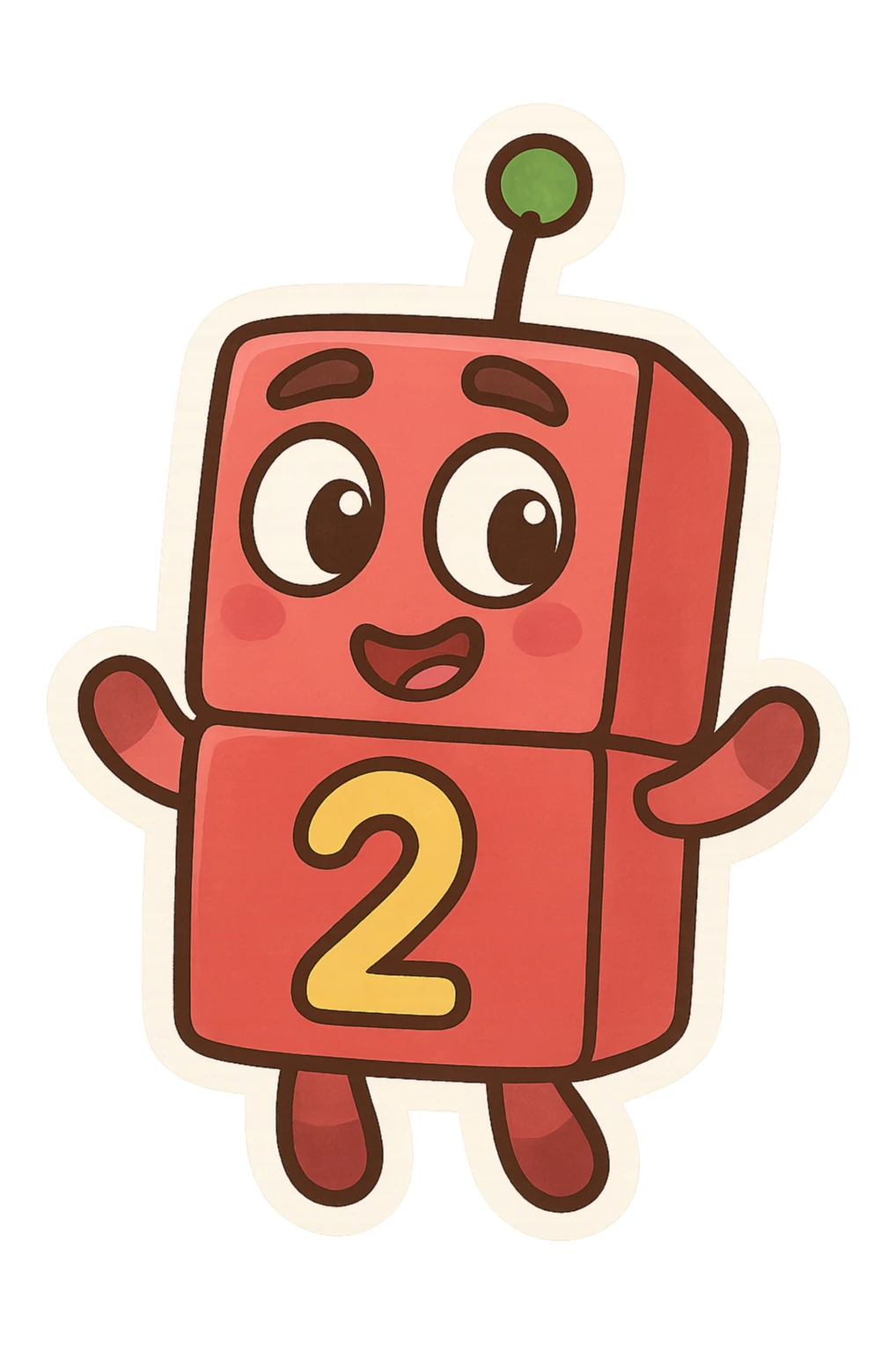Numberblock 2, smiling block with two stacked squares, number 2 on the front, playful and colorful, cartoon style sticker
