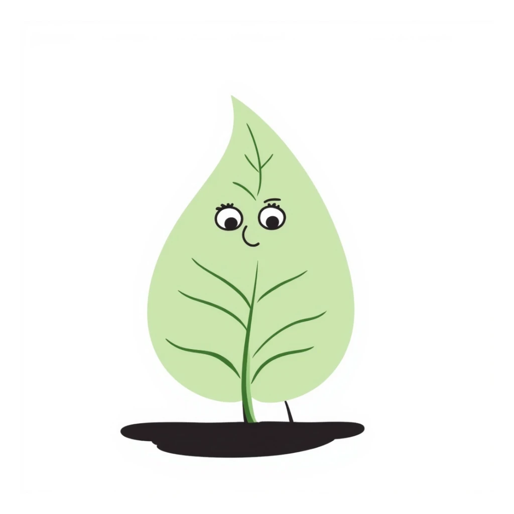 soft hand drawn digital illustration of a light green symmetrical leaf character with peaceful happy expression, minimalist clean design, gentle digital brush textures, designed for mobile app interface sticker