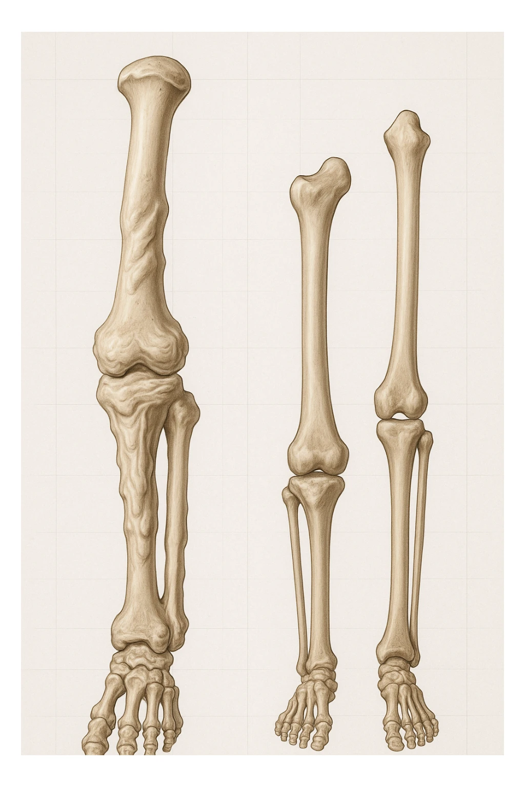 A highly realistic medical illustration focusing on a human arm and leg bones affected by melorheostosis. The bones appear visibly thickened, irregular, and larger than normal, with clear, layered bone growth resembling melted wax dripping down the side of the bones. The image shows a side-by-side comparison with a healthy bone for clarity, highlighting the difference in size and texture. The color palette includes neutral bone colors with subtle shading to show the abnormal contours and ridges. The background is clean and minimalistic, with faint anatomical grid lines for a scientific, educational feel. The overall mood is informative and precise, conveying the key visual characteristic of melorheostosis: progressive bone thickening that makes bones visibly larger and irregular. sticker
