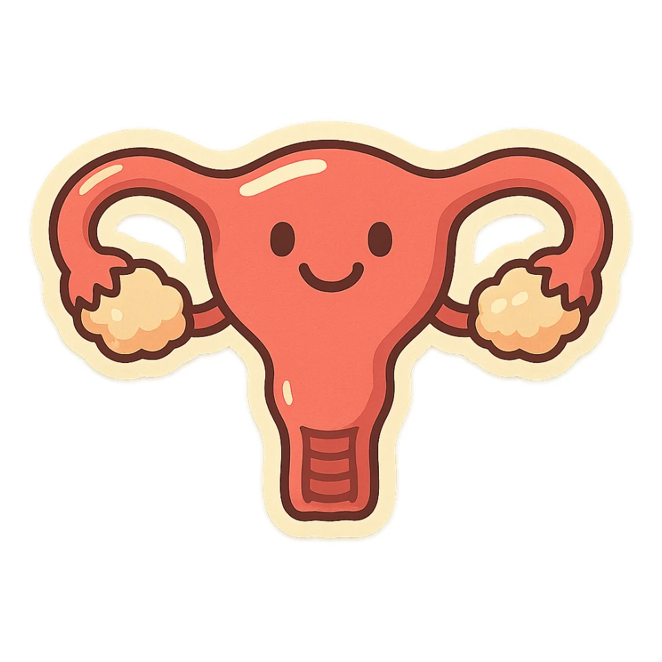Retro stickers style variant of a uterus with a smile, soft rounded shapes, expressive contours, vintage color palette, light paper texture, shadows and highlights, transparent background. sticker
