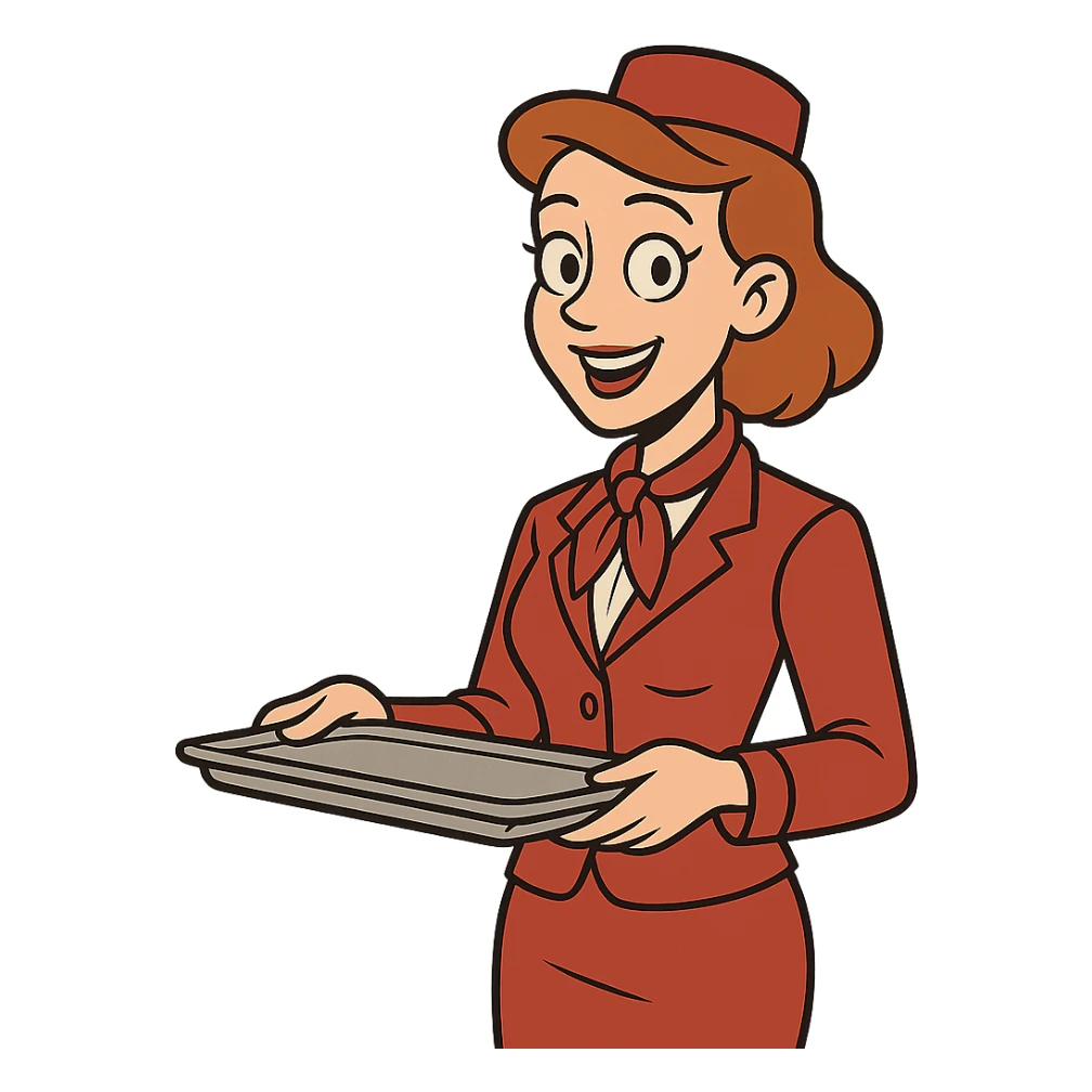 flight attendant in a red uniform, holding a tray, modern illustration, minimal background sticker