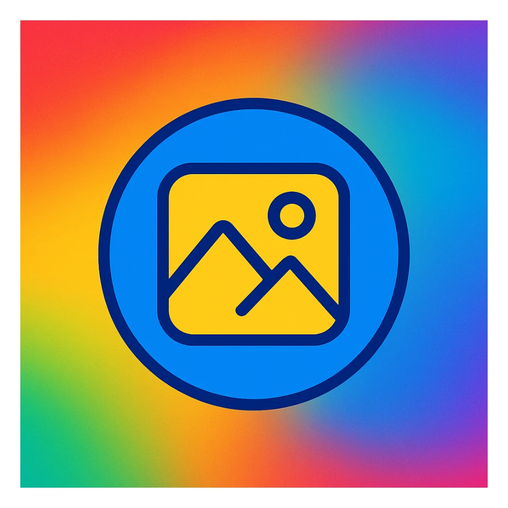 Make the image placeholder more colorful with a vibrant gradient background. Use a circle shape with a generic photo icon in the center. Style it in vibrant toon style with bright, lively colors and smooth gradients. sticker