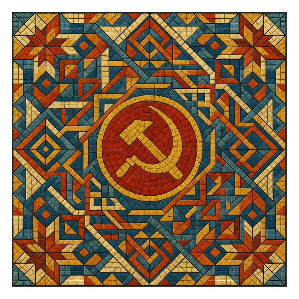 Soviet mosaic pattern in the style of Kerama Marazzi ceramic tiles, intricate geometric shapes, vibrant colors sticker