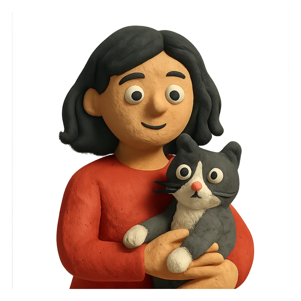 mulher de cabelo preto com gato frajola cinza em estilo claymation sticker