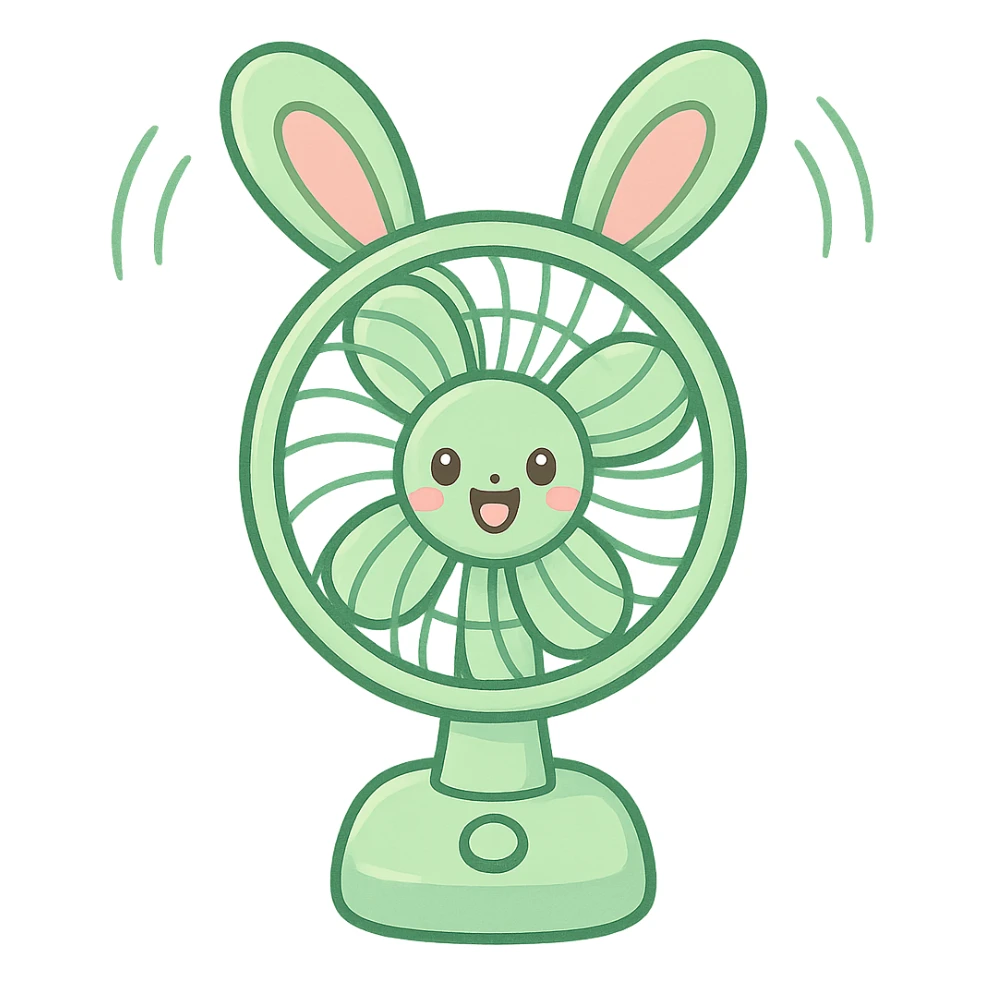 chibi electric fan shaped like a bunny, ears spinning as blades, pastel green, cheerful face, full-body sticker