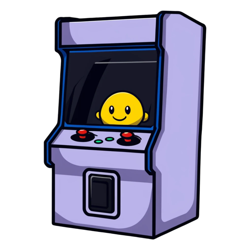 A cute sticker-style arcade cabinet with a smiling face on the screen sticker