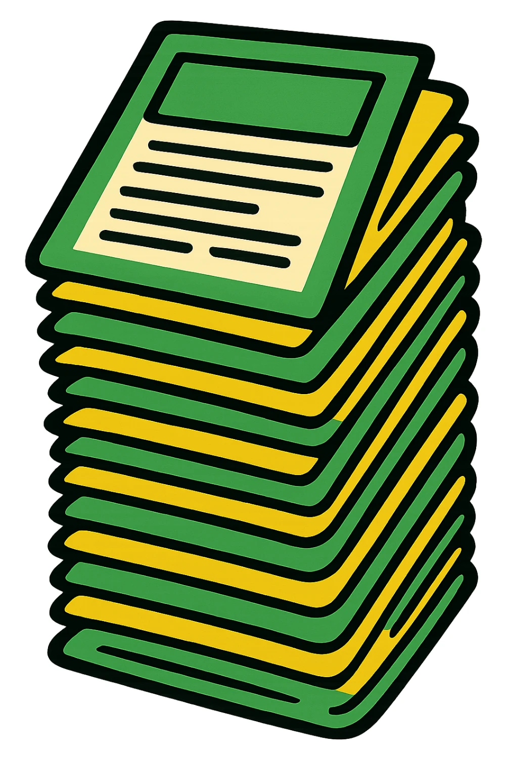 Make the stack of papers taller with a professional style. Use a green, gold, and white color scheme. The design should be bold and clear, suitable for digital use, with no background. sticker