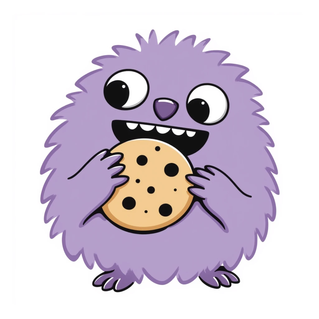 a round, extra cute purple fluffy monster eating a cookie, hand drawn doodle style sticker