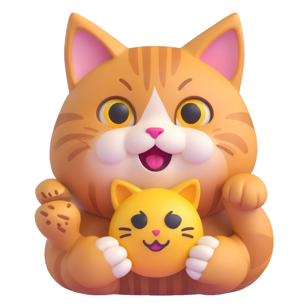 realistic 3D cat with detailed and soft fur texture, shiny eyes, holding a 3D emoji, warm and friendly expression, realistic fur details, realistic 3D style sticker