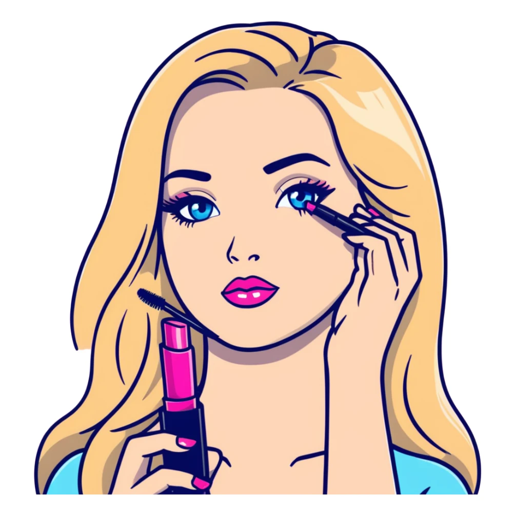 Blonde woman with long hair, blue eyes and pink lips holding mascara in her hands sticker