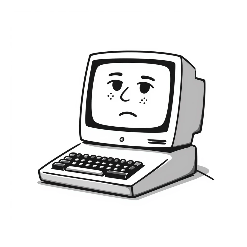 Pixel art style old Macintosh computer with a sad glitchy face on the screen, simple monochrome linework sticker
