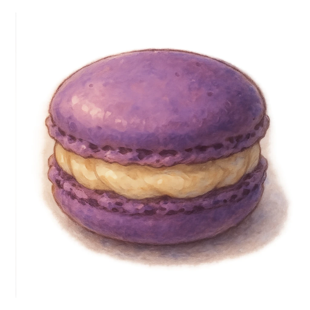 purple macaron with creamy filling, soft painterly look, magical and appetizing, ghibli style sticker